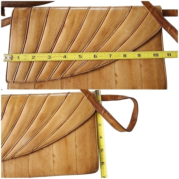 Vintage tan Eel skin leather purse handbag with long removable shoulder strap - Picture 6 of 14